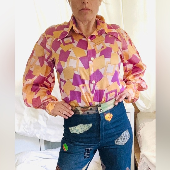 Vintage Silk Disco Shirt w/ balloon sleeves / pointy collar (Unisex) - Picture 1 of 7